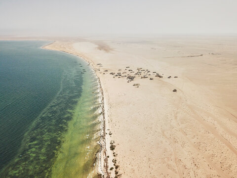 Mauritania, Iwik, Aerial view of small fishermans village
