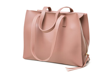 large pink leather ladies bag with long handles, on a white background