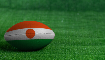 American football ball  with Niger flag on green grass background, close up