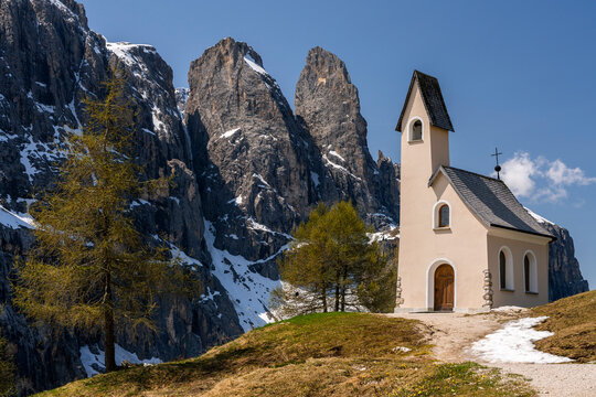 Small church at Gardena Pass, Sella group, Dolomites, South Tyrol, Italy