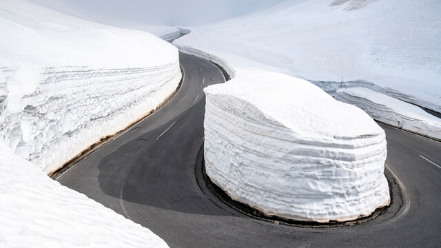 Empty mountain pass road in winter, Timmelsjoch, Tyrol, Austria