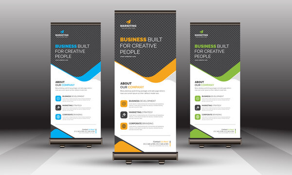 Professional Unique Corporate Roll Up Banner Signage Standee Template for Multipurpose Use with Three Color Variations