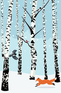 Winter birch trees and animals