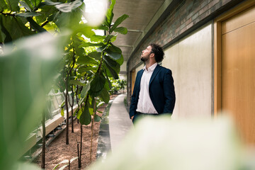 Male entrepreneur with hands in pockets looking at plants in corridor at office