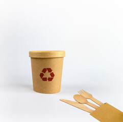 Recycling and eco friendly  disposable kitchenware - spoon, fork , knife and paper cup  , zero waste concept , recycle product,
