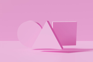 3d render of pink simple geometric shapes like circle triangle and square on monochrome background