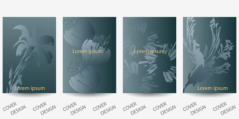 Luxury minimal backgrounds set in blue tones with abstract floral print and gradient texture. For printing on covers, banners, sales, flyers. Modern design. Vector.
