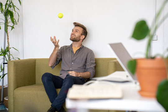 Smiling man sitting on couch in office playing with a tennis ball