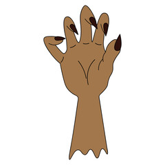 The stump of a dead man's hand. Curved fingers with sharp claws. Colored vector illustration. Isolated white background. Cartoon style. Halloween symbol. Decoration for All Saints Day. Halloween. 