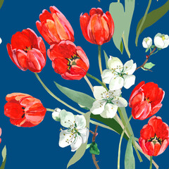 Red tulipsand apple flowers blooming branch on blue background seamless pattern for all prints.