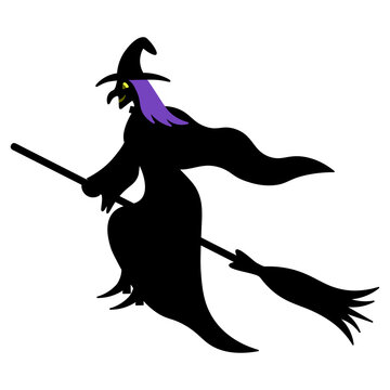 The witch flies astride a broomstick. Silhouette. Vector illustration. Isolated white background. A woman in a hat with a long, humped nose. Charming Baba Yaga. Smiling witch. Halloween symbol. 