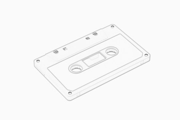 Drawing of vintage audio cassette tape in pencil sketch style isolated on white background. Music storage. Retro cartridge. 3в render