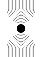 Geometric Design With Circles, Stripes And Rainbow. Black And White Modern Poster. Abstract Wall Art. Digital Art Of Interior Decoration For Print. Abstract Geometric Minimal Poster 