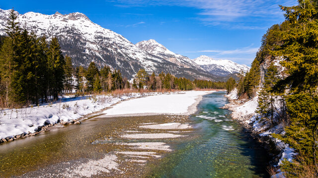 Austria, Tirol, Lech valley, Lech river in winter