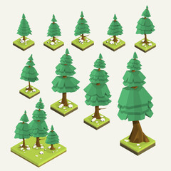 Pine trees vector isometric set