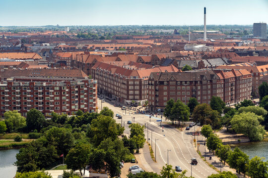 View of city center from above from Church of Our Saviour, Copenhagen, Denmark