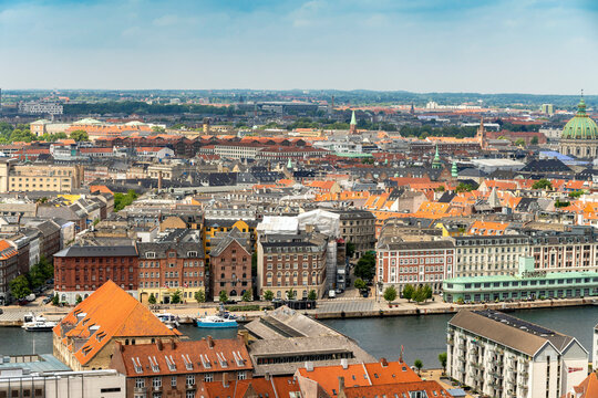 View of city center from above from Church of Our Saviour, Copenhagen, Denmark