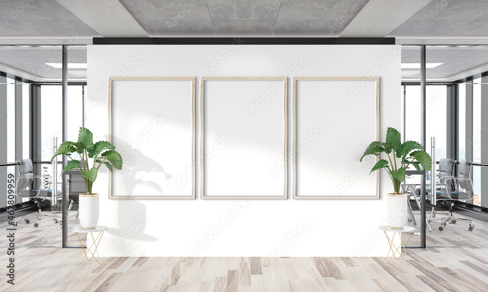 Poster three vertical frames mockup hanging on wall. mock up of billboards in modern wooden office interior