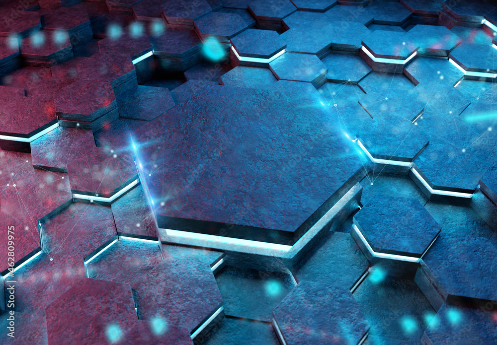 Poster Glowing pink and blue hexagons podium background pattern. Hexagonal metal surface with lights and reflections. 3D rendering