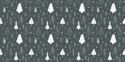 Seamless pattern with trees and snowflakes. Winter and christmas mood, scandinavian minimalism, hand drawn doodle style for web, print, textile, background, wrapping paper, wallpaper. 