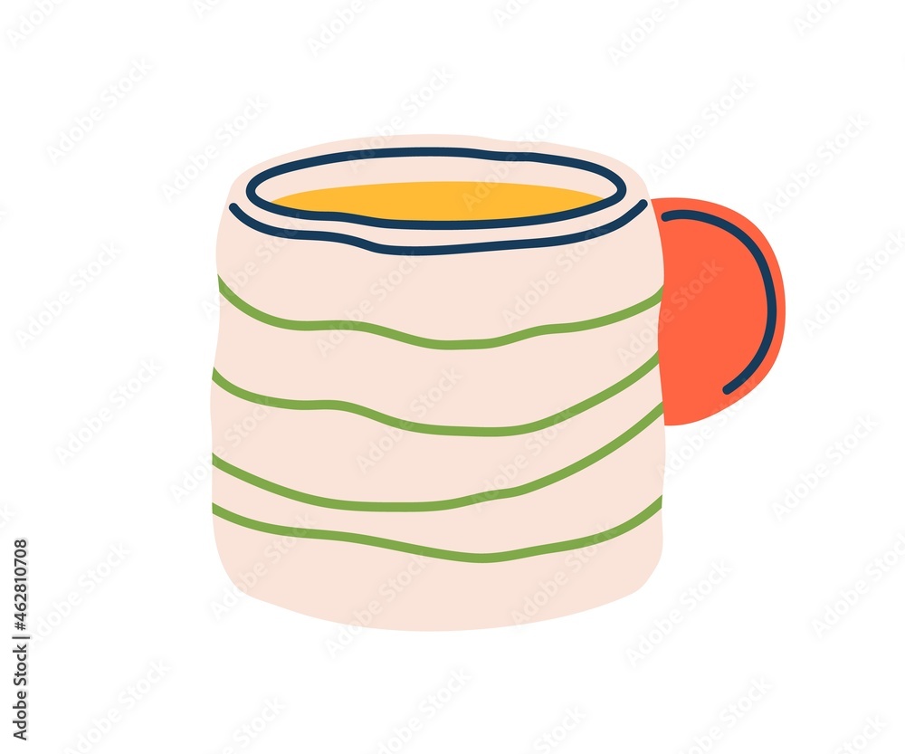 Wall mural Modern ceramic tea mug in doodle style. Porcelain coffee cup with striped pattern and handle. Trendy stylish drink crockery. Flat vector illustration of tableware item isolated on white background