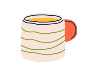 Modern ceramic tea mug in doodle style. Porcelain coffee cup with striped pattern and handle. Trendy stylish drink crockery. Flat vector illustration of tableware item isolated on white background