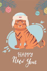 Cute tiger with hat with ear flaps cartoon character, funny animal. greeting card Happy New Year. 2022 Chinese New Year