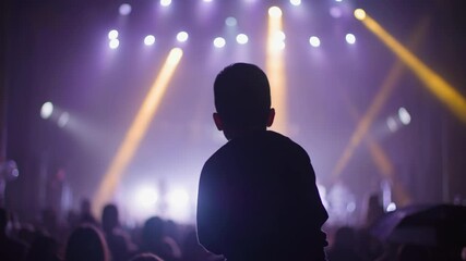 father holding child boy on shoulders in street concert, silhouette crowd listening music performance on background of stage with spotlights