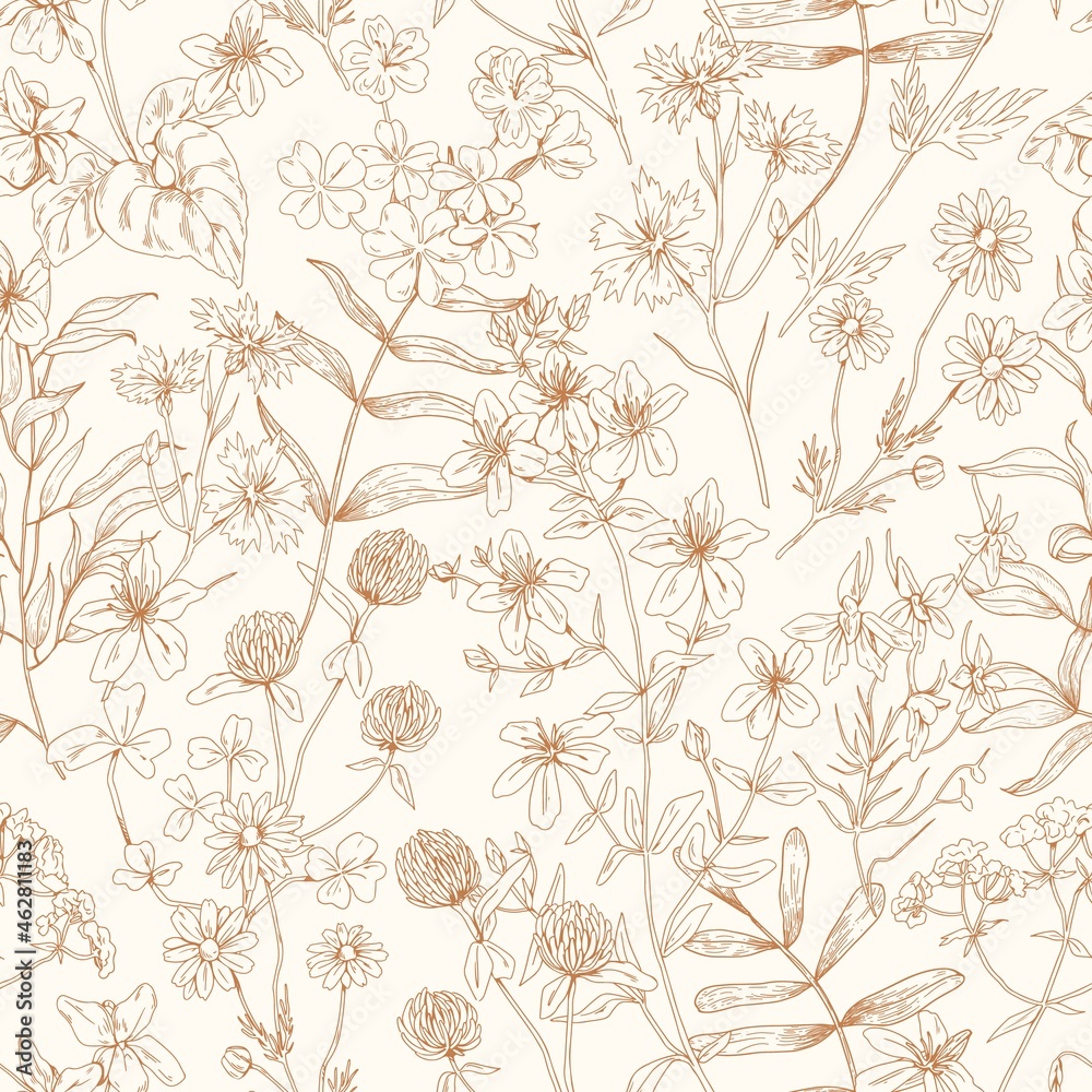 Aufkleber flower pattern. seamless background with floral herbs. vintage botanical monochrome print with wild 