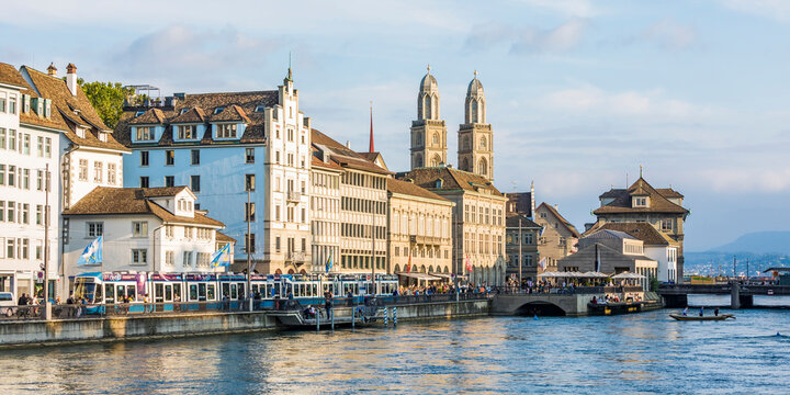 Switzerland, Canton of Zurich, Zurich, Tram passing Limmatquai street