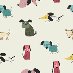 Seamless pattern with cartoon dogs. colorful vector for kids. Animals. hand drawing, flat style. baby design for fabric, print, textile, wrapper