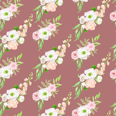 Watercolor floral seamless pattern. Beautiful bouquets on burgundy background. Blush and white flower arrangements, botanical repeated print for fabrics, textile, wallpaper, wrapping, scrapbook paper