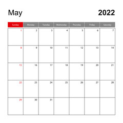 Wall calendar template for May 2022. Holiday and event planner, week starts on Sunday.