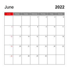 Wall calendar template for June 2022. Holiday and event planner, week starts on Sunday.