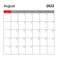 Wall calendar template for August 2022. Holiday and event planner, week starts on Sunday.