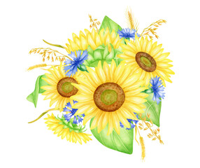 Watercolor sunflower bouquet with cornflowers and spikelets, hand drawn botanical illustration. Fall floral clipart. Bunch of yellow and blue autumn flowers isolated on white background for wedding