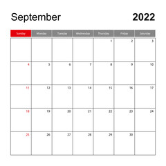 Wall calendar template for September 2022. Holiday and event planner, week starts on Sunday.
