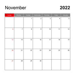 Wall calendar template for November 2022. Holiday and event planner, week starts on Sunday.