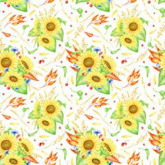 Fototapeta na wymiar Watercolor fall floral seamless pattern. Hand drawn sunflower bouquets with cornflowers, spikelets, red berries and leaves illustration. Colorful flowers repeated design isolated on white backgound
