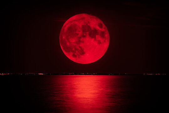 Full red moon over the sea