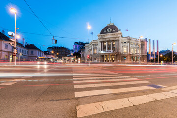 Light trails on street by Volkstheater in Vienna, Austria