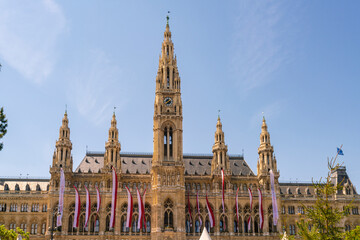Low angle view of Vienna City Hall against sky, Austria