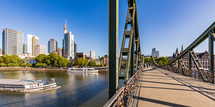 Eiserner Steg over river against clear sky at Frankfurt, Germany