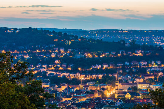 Illuminated buildings at Hasenbergsteige, Stuttgart, Baden-W&Ocirc;&oslash;&Omega;rttemberg, Germany