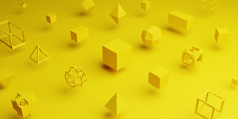 Fototapeta na wymiar Abstract 3D Rendering of variety of geometric shapes in yellow color. Background for banner, poster or branding.