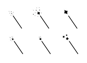 Vector Magic Wands, Minimal Icons Set, Black Pictogram Isolated on White Background, Magical Shining and Stars.