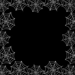 Square frame, border of spider web. Halloween vector background. Black and white, isolated, hand drawn illustration