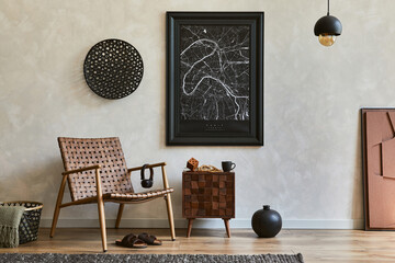 Stylish composition of elegant masculine living room interior design with mock up poster frame,...