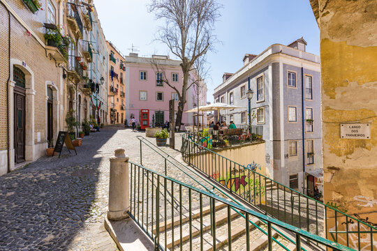 Portugal, Lisbon, Buildings and cafe on Largo dos Trigueiros square