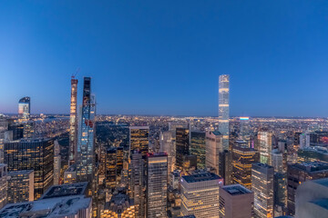Skyline at blue hour with 432 Park Avenue skyscraper, Manhattan, New York City, USA